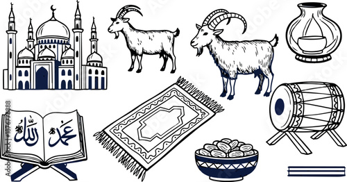 Black and white line art of mosque, goats, ancient lantern, quran book, prayer rug, wooden drum, incense sticks, and bowl of dates vector icons