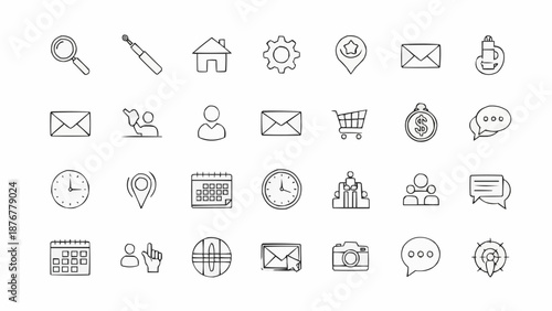 Collection of hand-drawn outline icons for web and mobile applications.