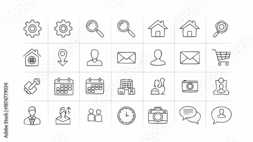Collection of hand-drawn outline icons for web and mobile applications.