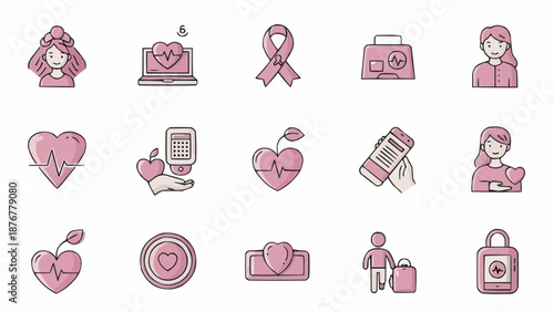 Collection of Healthcare and Medical Icons in Pink Tones.