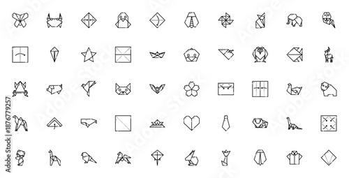 Origami icon set. Vector paper folding symbols. Includes butterfly, crab, penguin, fox, elephant, boat, heart, lion, panda and more. Editable line art.