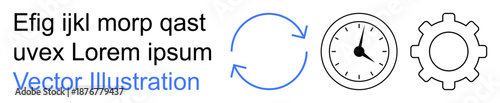 Workflow, time tracking, efficiency, process, productivity, automation. Circular arrows, clock and gear in a minimalist style. Workflow and time tracking concepts for business solutions