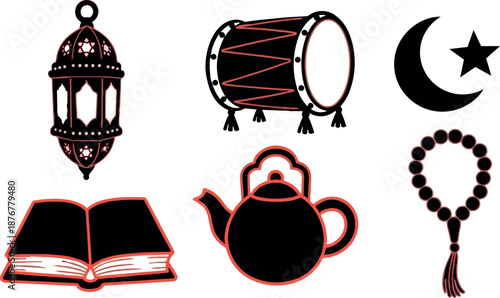 Silhouettes of islamic lantern drum crescent star open book teapot prayer beads vector icons collection