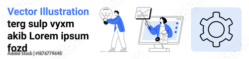 Person holding a lightbulb for innovation, another analyzing charts on a screen, and a gear symbolizing teamwork, technology, and problem-solving. Ideal for business, creativity, tech solutions