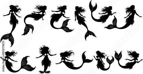Black Mermaid Silhouette Vector Set Collection Featuring Graceful Mythical Sea Creatures in Various Elegant Swimming Poses Isolated on White Background