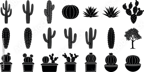 Black silhouette collection of desert cactus succulent plants and agave icons in pots and wild nature isolated on white background