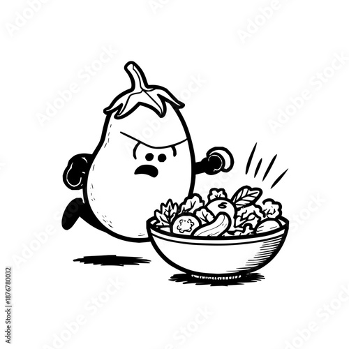 Angry Eggplant Character Looking at Bowl of Vegetables