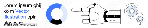Technology, innovation, automation, robotics, AI, engineering. Robotic hand pointing alongside a circular chart and gears. Robotics and technology concepts illustrated through mechanical and digital