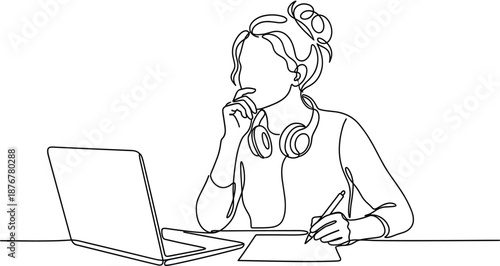 Continuous line drawing of woman working on laptop computer with headphones minimalist vector illustration of female freelancer studying at desk