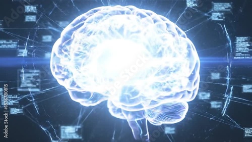 A digitally rendered glowing human brain in profile surrounded by a dark background with interconnected luminous lines and digital data displays
