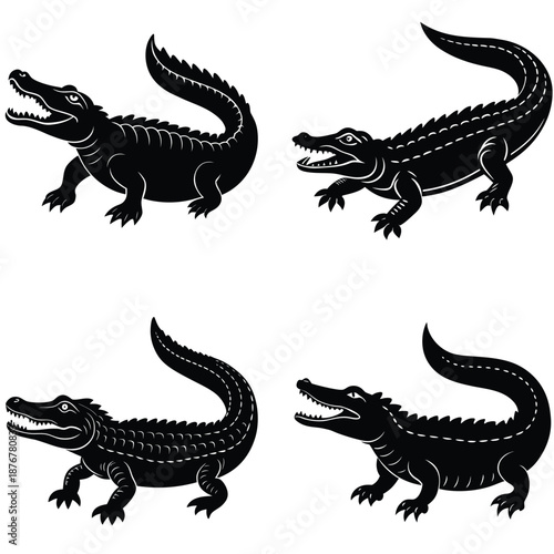 Black silhouette of an alligator or crocodile with open jaws and detailed scales isolated on white background flat vector illustration for wildlife and reptile concepts
