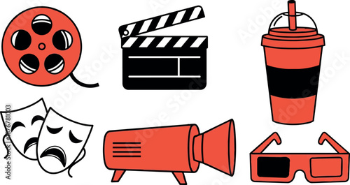 Flat design red and black cinema movie reel clapperboard popcorn cup projector and 3d glasses icon set
