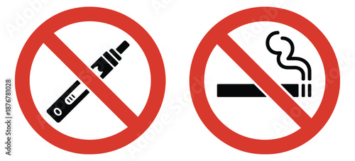 No Vaping No Smoking Signs, red prohibition circles with cigarette and vape symbols on white background for public safety signage.