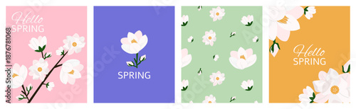 Spring floral illustrations set with magnolia blooms on colorful backgrounds. Vector illustration