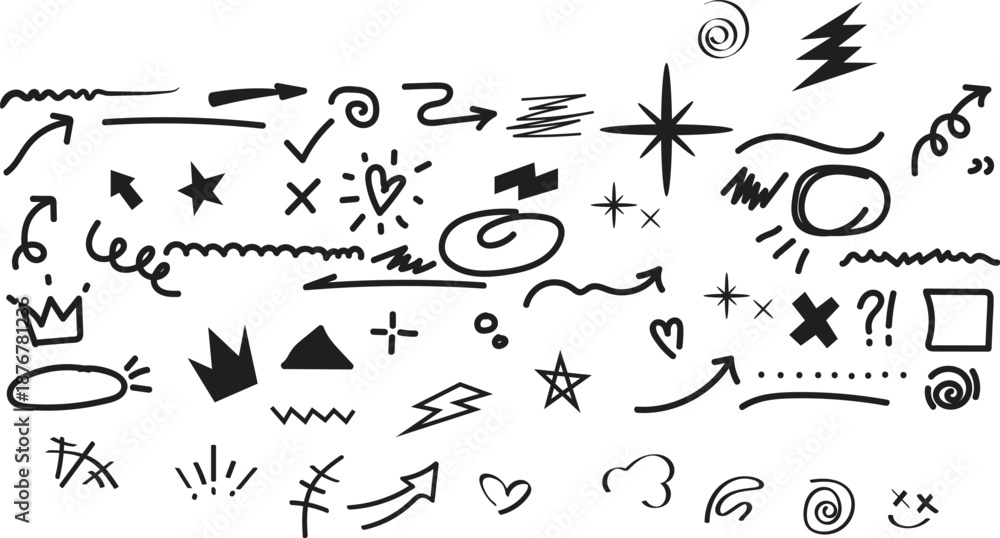 Obraz premium Dynamic black and white doodle elements including stars, arrows, swirls, and scribbles perfect for adding a playful, energetic touch to designs and projects.