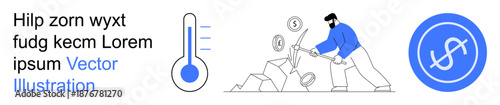 Cryptocurrency, blockchain, financial investment, digital money, economic growth, technology. Man chiseling coins from rocks and thermometer graphic. Cryptocurrency and financial investment concept