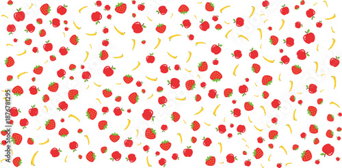Seamless Scattered Strawberry and Banana Fruit Pattern Vector Illustration on White Background