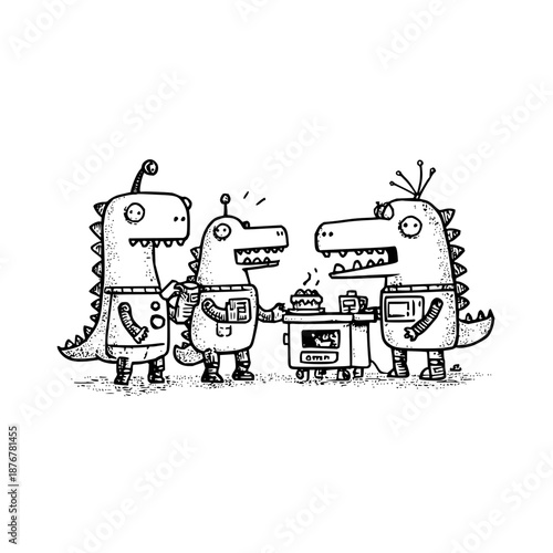 Robotic Dinosaurs Cooking in Kitchen