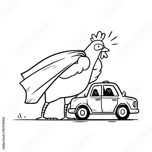 Angry Chicken Standing Next to Damaged Car, Cartoon Illustration