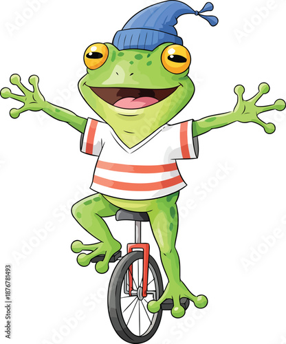 Cartoon frog wearing a blue beanie rides a unicycle Keywords: frog, cartoon, unicycle, riding