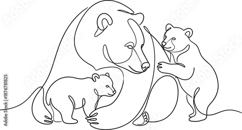 Minimalist Continuous One Line Drawing of a Protective Mother Bear with Two Small Cubs Representing Family Love Nature and Wildlife