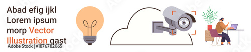 Cloud computing, surveillance, remote work, creative solutions, digital security, modern technology. Includes light bulb, cloud with camera person on laptop. Cloud computing and surveillance imagery
