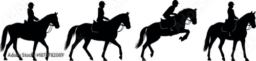 Silhouette Set of Female Equestrian Rider and Horse Performing Various Gaits Including Walking Trotting and Jumping Isolated on White Background
