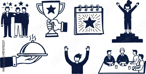 Flat design team celebration with trophy calendar honored person holding serving tray and happy group sitting at table