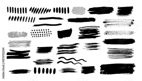 Collection of various hand drawn black ink brush strokes and artistic textures