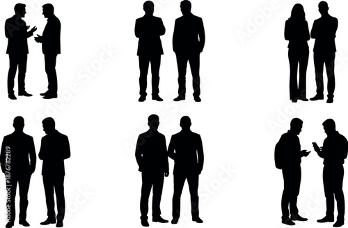 Silhouettes of professional business people in suits standing and talking together in pairs representing corporate networking communication and team collaboration