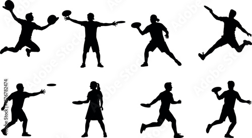Ultimate frisbee athlete silhouettes set featuring men and women jumping throwing and catching flying discs in competitive team sports action