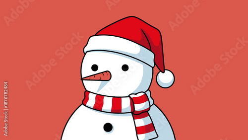 Cute cartoon snowman wearing a red Santa hat and striped scarf on a vibrant red background