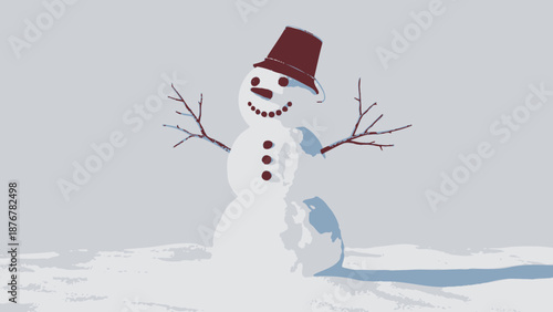Playful snowman wearing a red bucket hat in a textured snowy winter outdoor scene