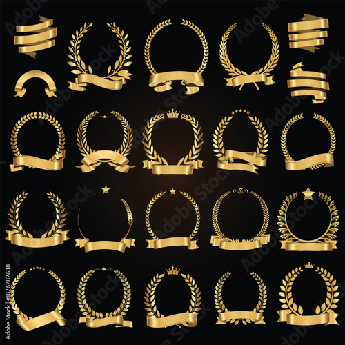 Gold laurel wreaths and ribbons on black background