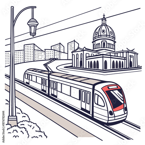 Modern train traveling through cityscape