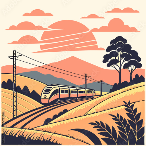 Train traveling through countryside at sunset