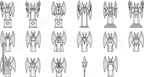Demon statue character set, winged humanoid designs, fantasy line art, horned figures with accessories, black and white illustration, gothic concept sheet