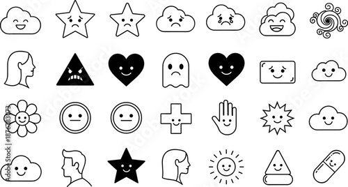 Emotional icon set, expressive face symbols, mood shapes collection, black and white vector, cute character graphics, educational emotion illustration