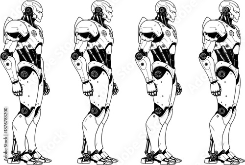 Futuristic robot lineup, humanoid cyborg profile view, black and white illustration, mechanical armor design, advanced robotics concept, symmetrical tech character set