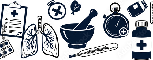 Medical health care vector illustration with lungs, thermometer, medicine bottles, stopwatch, and mortar and pestle in line art style
