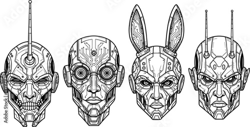Futuristic robot head collection, cyborg face designs, sci-fi line art, mechanical skulls, antenna features, black and white illustration, concept character set