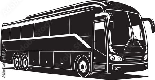 Sleek black tour bus with reflective surface on white background