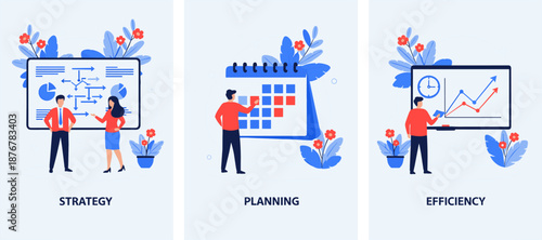 Business strategy planning efficiency illustration, project management visuals, calendar scheduling, performance improvement, teamwork concept with charts and graphs