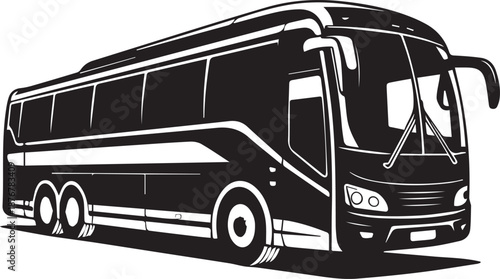 Sleek black coach bus illustration with reflection on white background