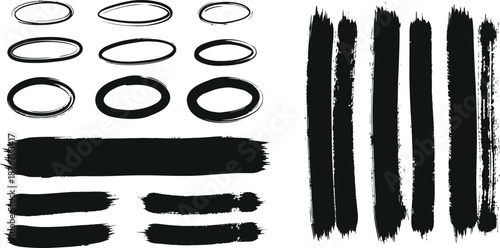A collection of various black brush strokes and circles on a white background for artistic design and illustration purposes