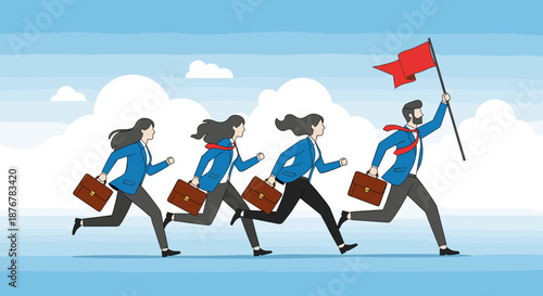 Business leadership illustration, team running forward, corporate motivation, teamwork success, professional group with briefcases, red flag guidance symbol