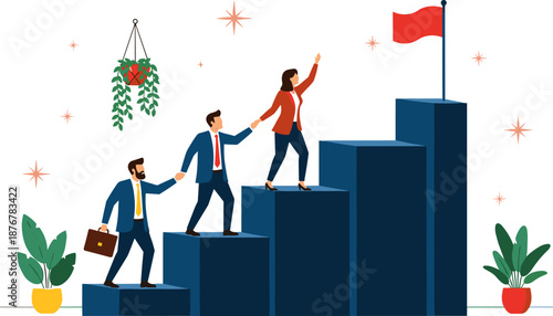 Business teamwork illustration, career growth concept, leadership and support, professional success journey, goal achievement, corporate motivation, staircase to success, vector art