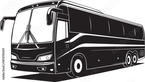 Sleek black coach bus with a reflective surface on a white background