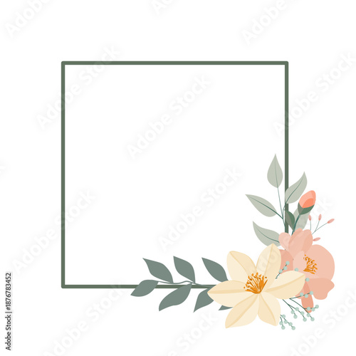 Pastel spring floral frame with flowers and green leaves
