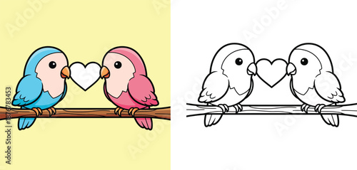 Cute cartoon lovebirds couple holding a heart on a branch with coloring page outline vector illustration